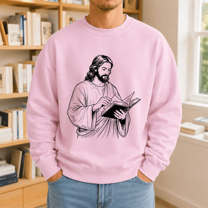 Jesus Holding An Open Book Printed Sweatshirt | Spiritual Reader Gift Light Pink