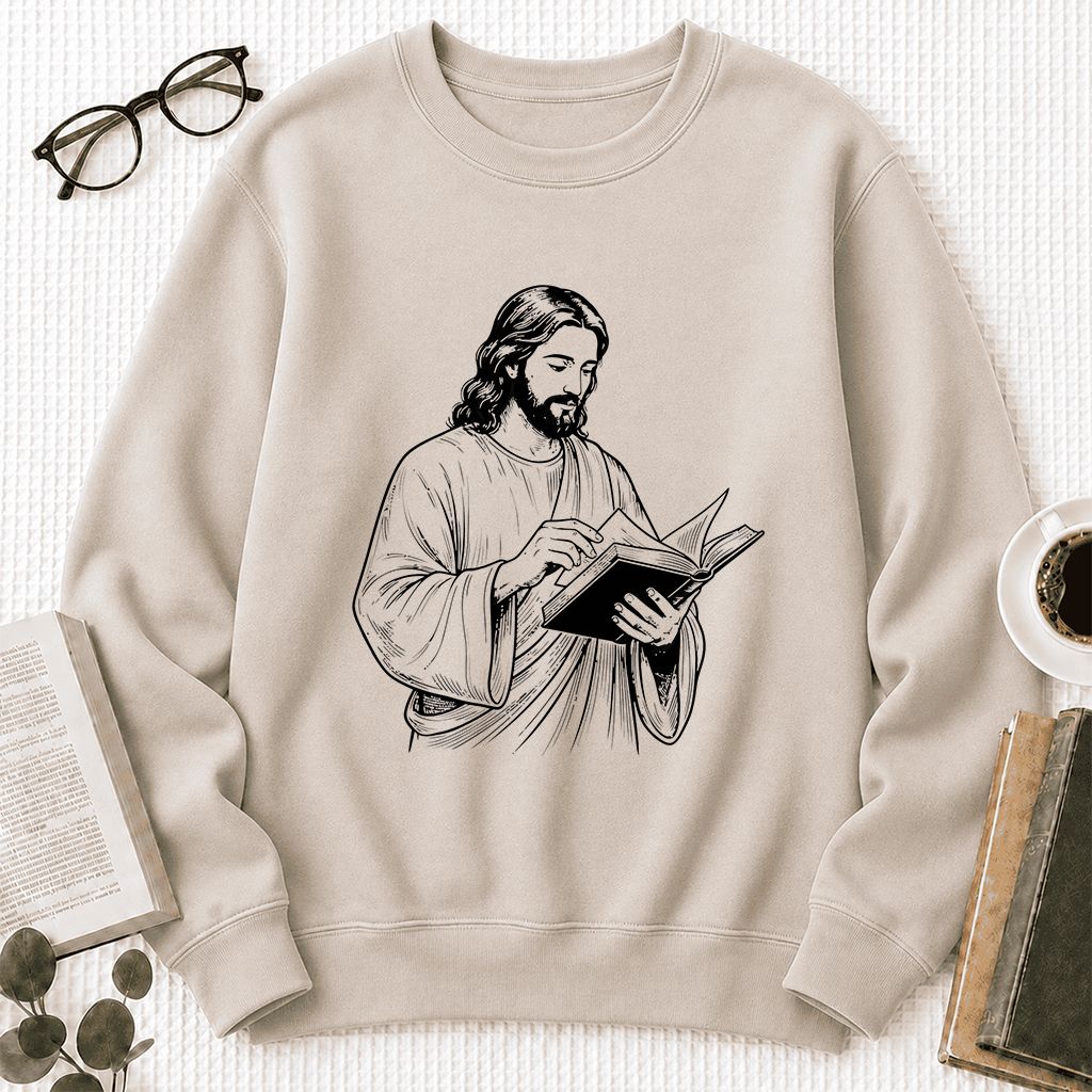 Jesus Holding An Open Book Printed Sweatshirt | Spiritual Reader Gift Sand