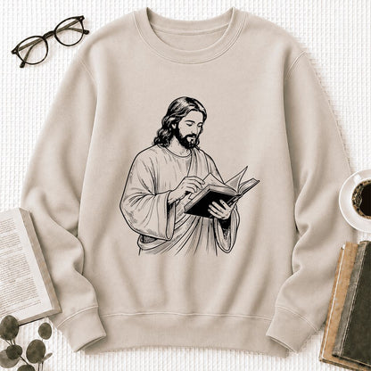 Jesus Holding An Open Book Printed Sweatshirt | Spiritual Reader Gift Sand