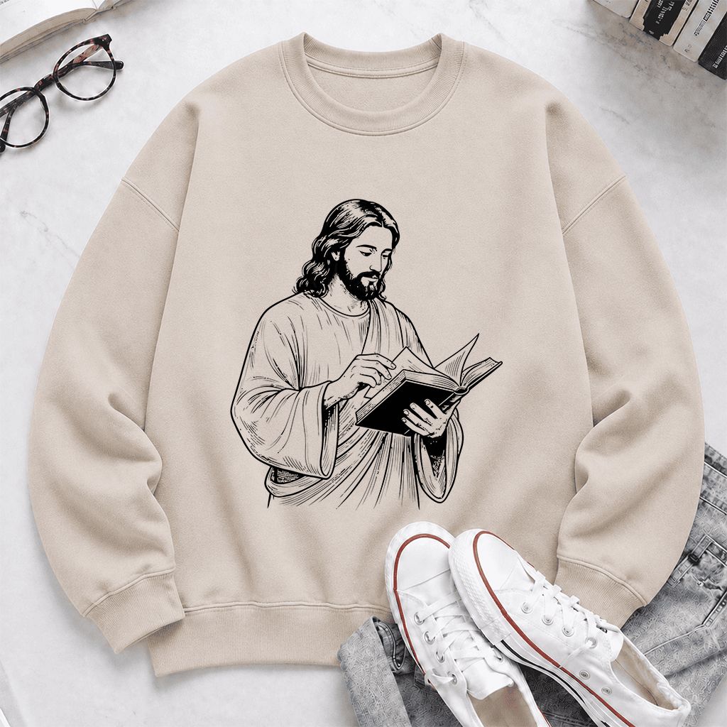 Jesus Holding An Open Book Printed Sweatshirt | Spiritual Reader Gift Sand