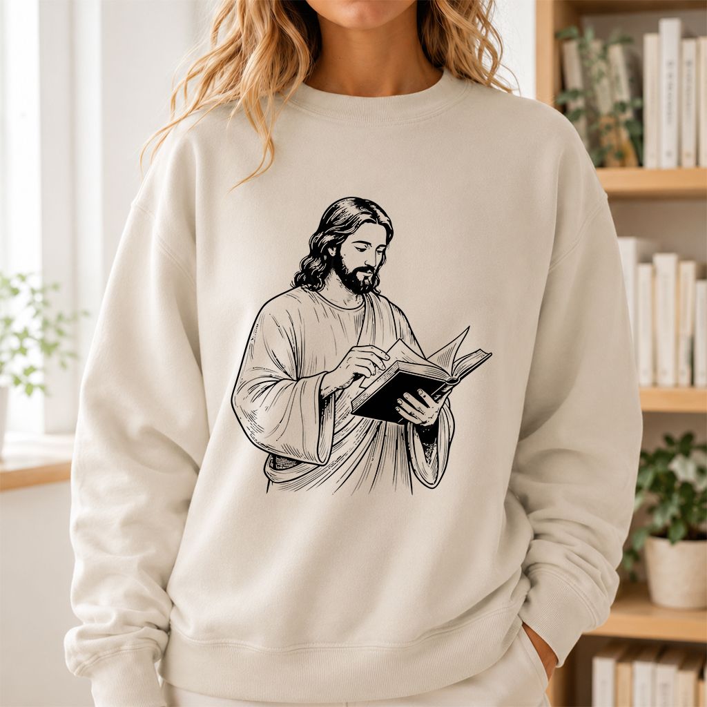 Jesus Holding An Open Book Printed Sweatshirt | Spiritual Reader Gift Sand