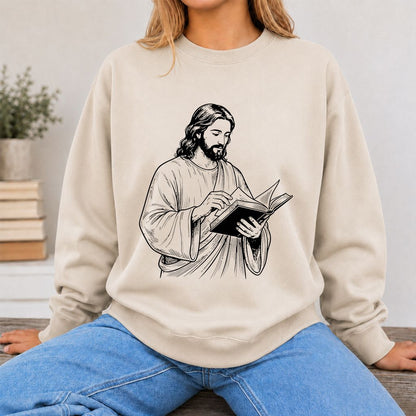 Jesus Holding An Open Book Printed Sweatshirt | Spiritual Reader Gift Sand