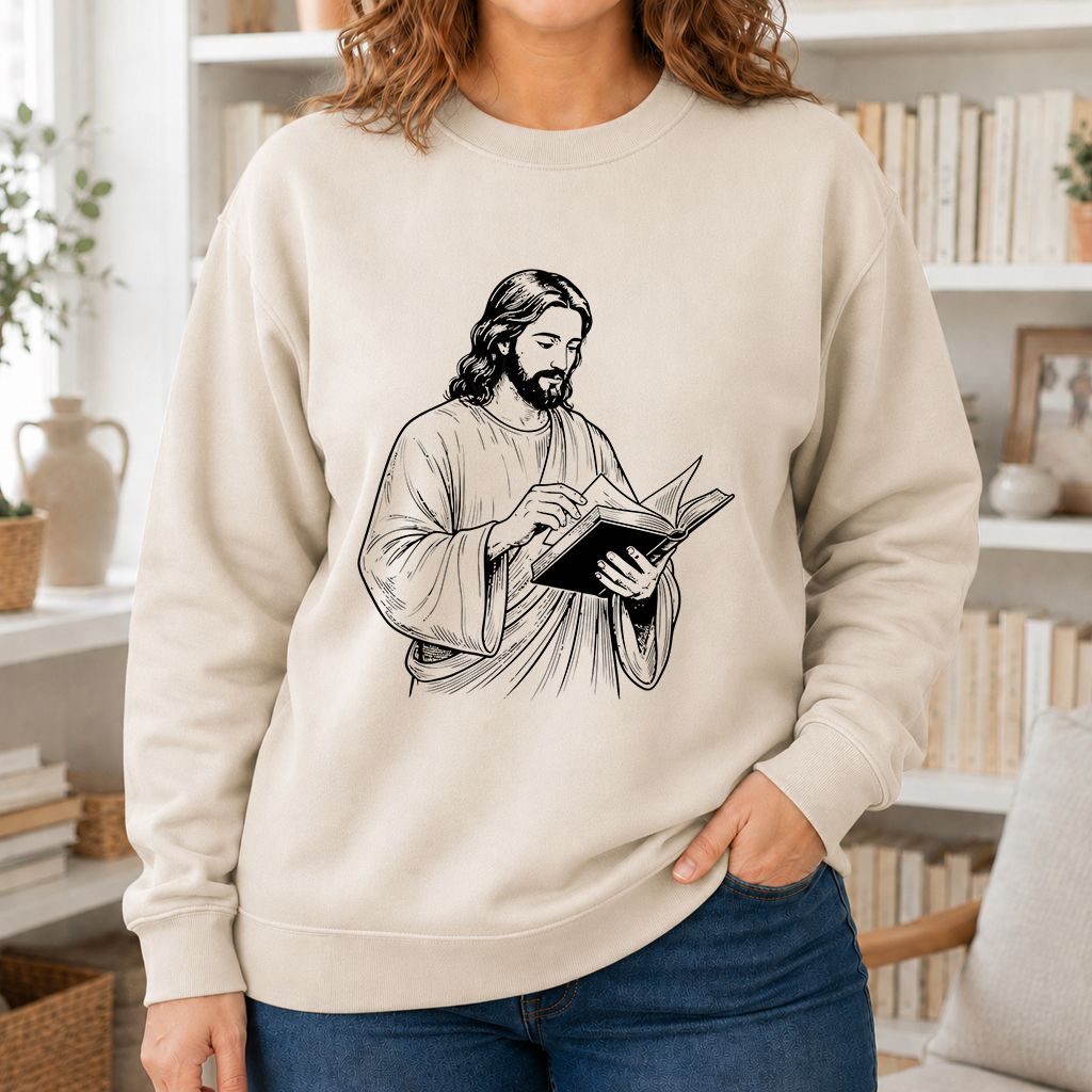 Jesus Holding An Open Book Printed Sweatshirt | Spiritual Reader Gift Sand