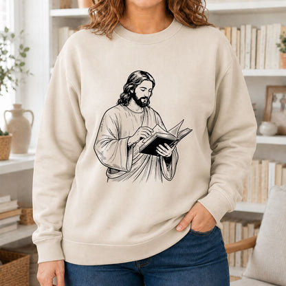 Jesus Holding An Open Book Printed Sweatshirt | Spiritual Reader Gift Sand