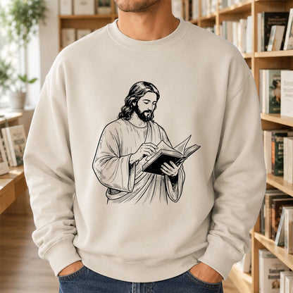 Jesus Holding An Open Book Printed Sweatshirt | Spiritual Reader Gift Sand