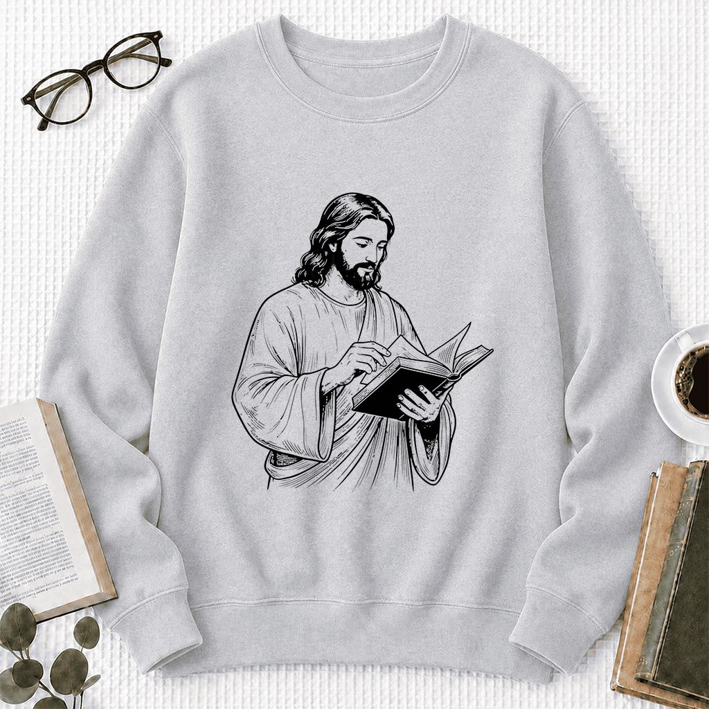 Jesus Holding An Open Book Printed Sweatshirt | Spiritual Reader Gift Sport Grey