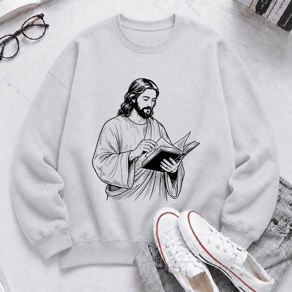 Jesus Holding An Open Book Printed Sweatshirt | Spiritual Reader Gift Sport Grey