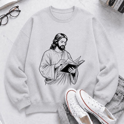 Jesus Holding An Open Book Printed Sweatshirt | Spiritual Reader Gift Sport Grey