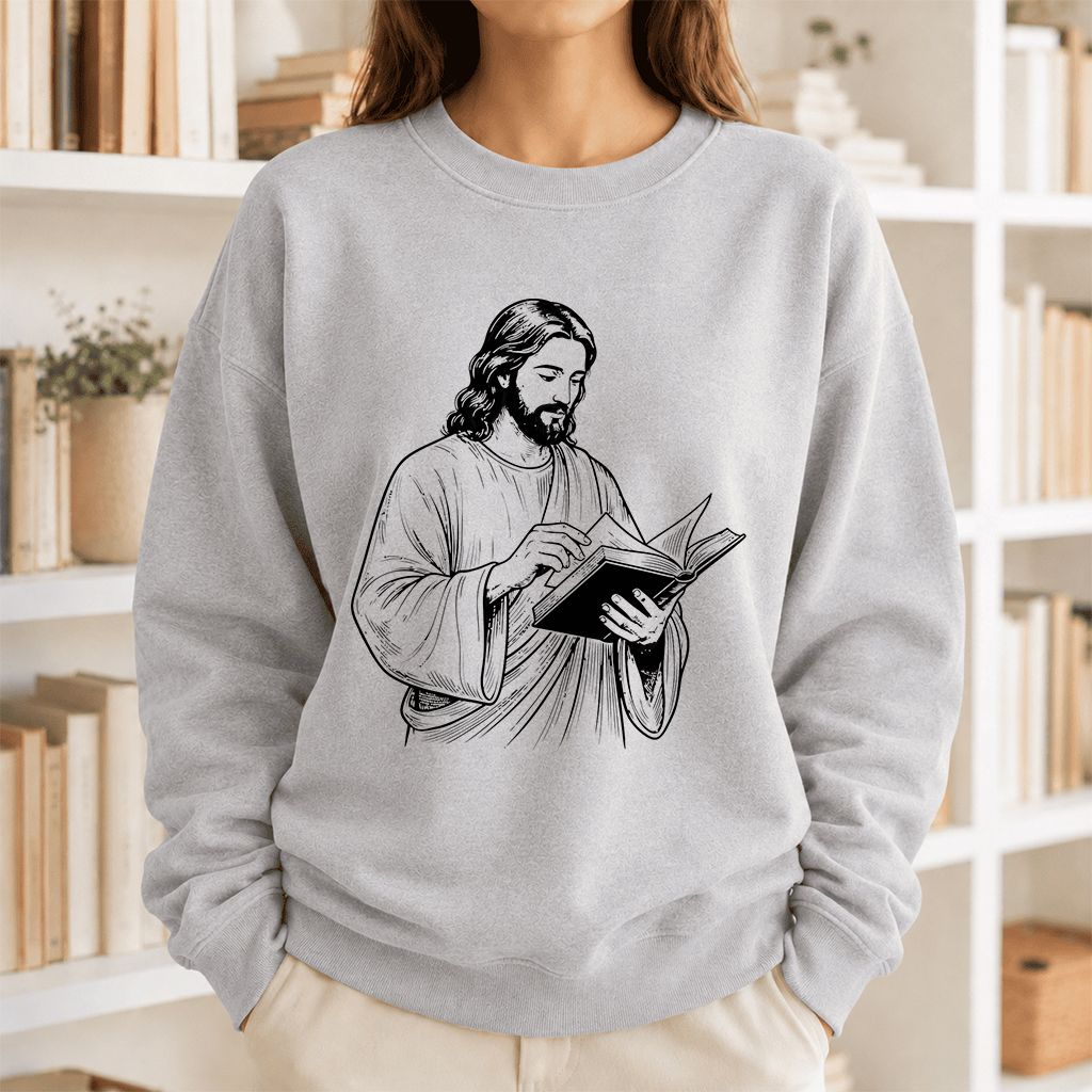 Jesus Holding An Open Book Printed Sweatshirt | Spiritual Reader Gift Sport Grey