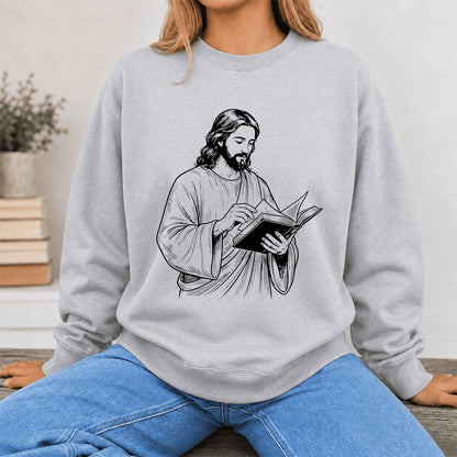 Jesus Holding An Open Book Printed Sweatshirt | Spiritual Reader Gift Sport Grey