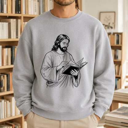 Jesus Holding An Open Book Printed Sweatshirt | Spiritual Reader Gift Sport Grey