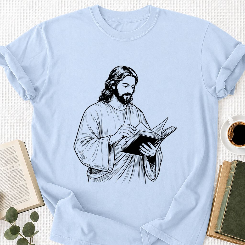 Jesus Holding An Open Book Printed T-Shirt | Spiritual Reader Gift Light Blue
