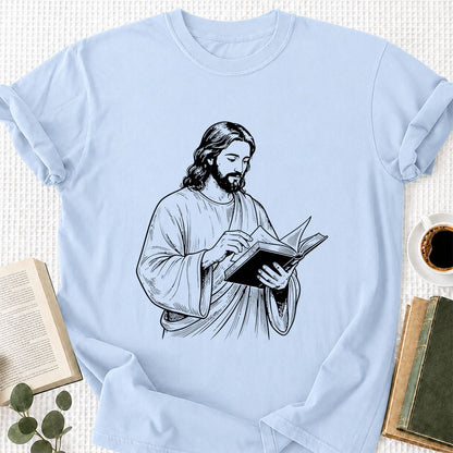 Jesus Holding An Open Book Printed T-Shirt | Spiritual Reader Gift Light Blue