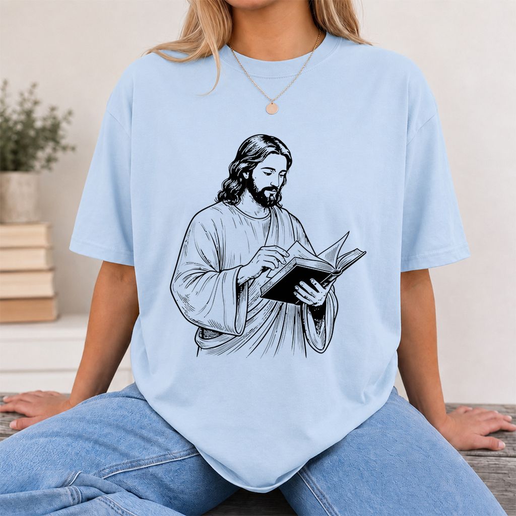Jesus Holding An Open Book Printed T-Shirt | Spiritual Reader Gift Light Blue