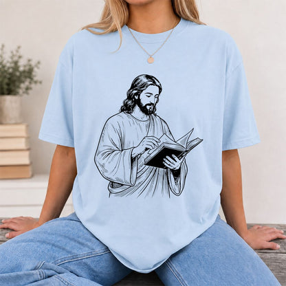Jesus Holding An Open Book Printed T-Shirt | Spiritual Reader Gift Light Blue