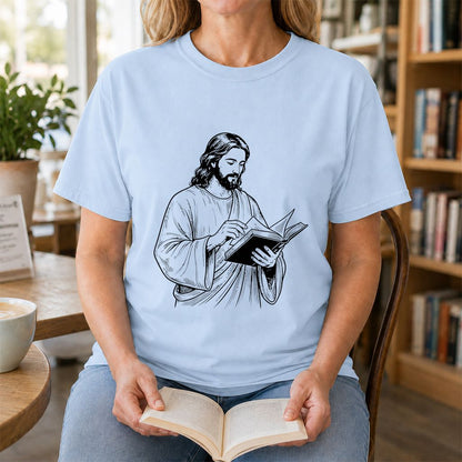 Jesus Holding An Open Book Printed T-Shirt | Spiritual Reader Gift Light Blue