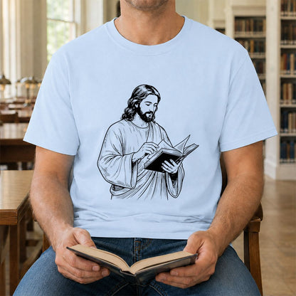 Jesus Holding An Open Book Printed T-Shirt | Spiritual Reader Gift Light Blue