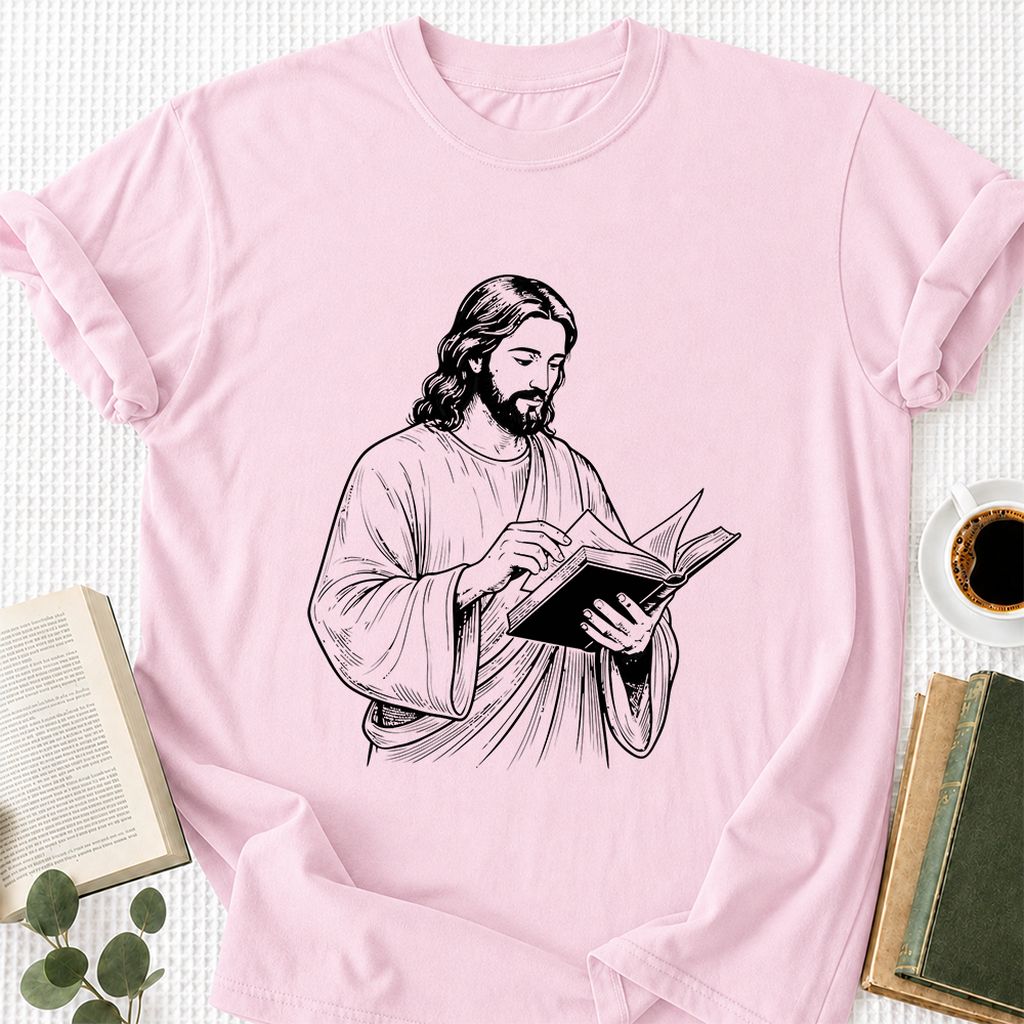Jesus Holding An Open Book Printed T-Shirt | Spiritual Reader Gift Light Pink