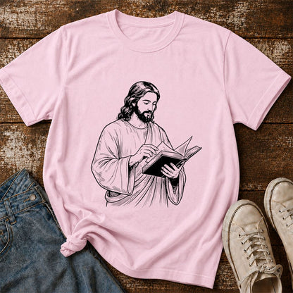 Jesus Holding An Open Book Printed T-Shirt | Spiritual Reader Gift Light Pink