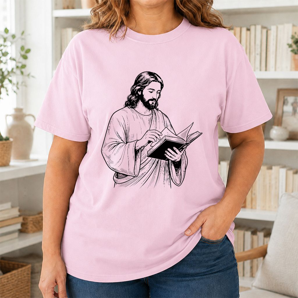 Jesus Holding An Open Book Printed T-Shirt | Spiritual Reader Gift Light Pink