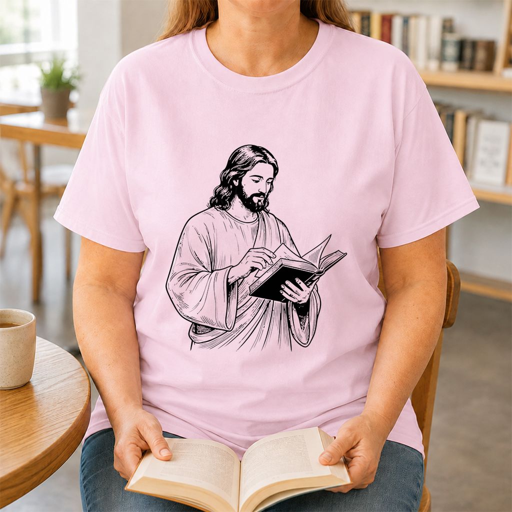 Jesus Holding An Open Book Printed T-Shirt | Spiritual Reader Gift Light Pink