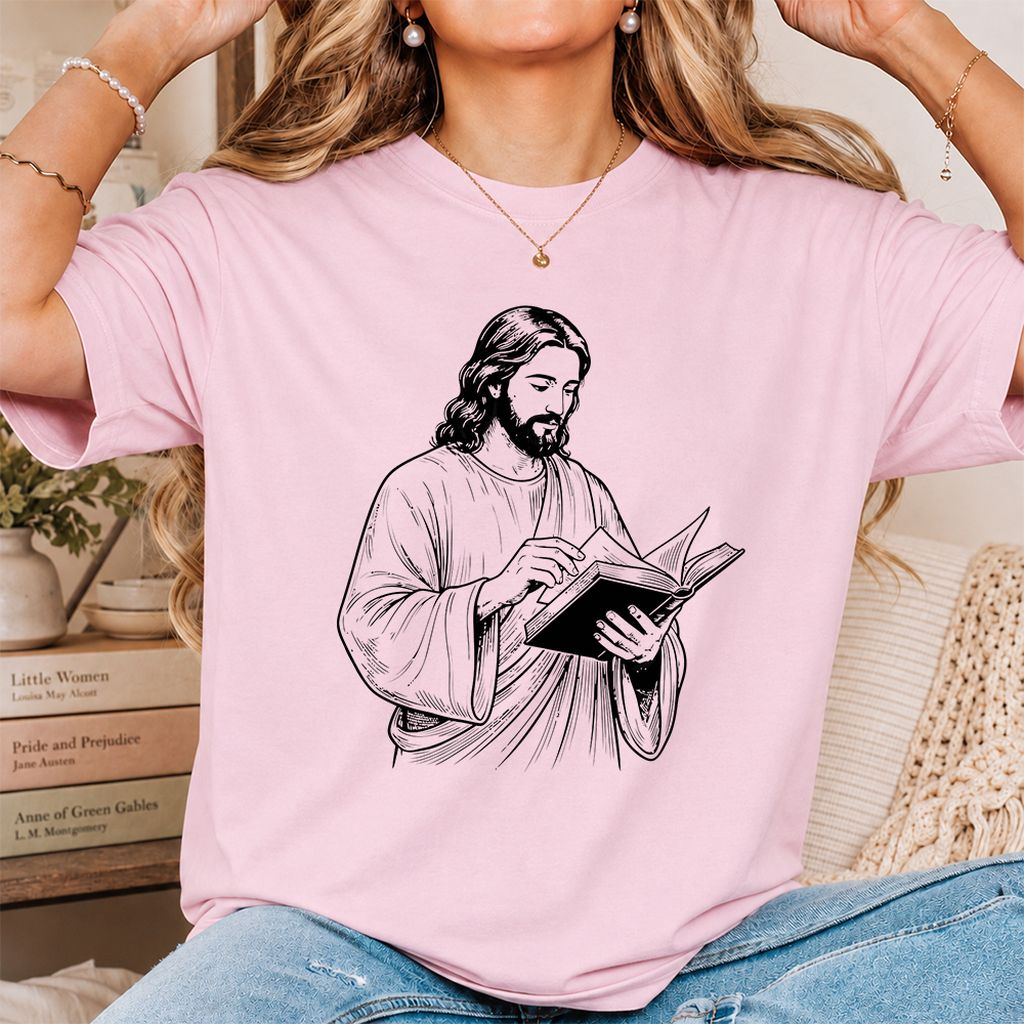 Jesus Holding An Open Book Printed T-Shirt | Spiritual Reader Gift Light Pink