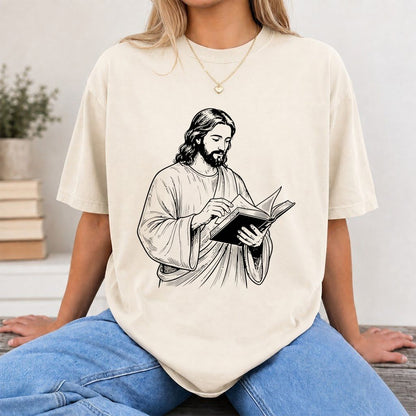 Jesus Holding An Open Book Printed T-Shirt | Spiritual Reader Gift Natural