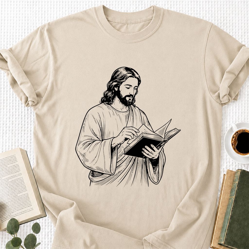 Jesus Holding An Open Book Printed T-Shirt | Spiritual Reader Gift Sand