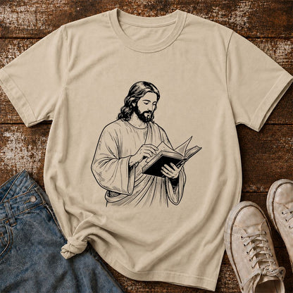 Jesus Holding An Open Book Printed T-Shirt | Spiritual Reader Gift Sand