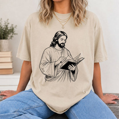 Jesus Holding An Open Book Printed T-Shirt | Spiritual Reader Gift Sand