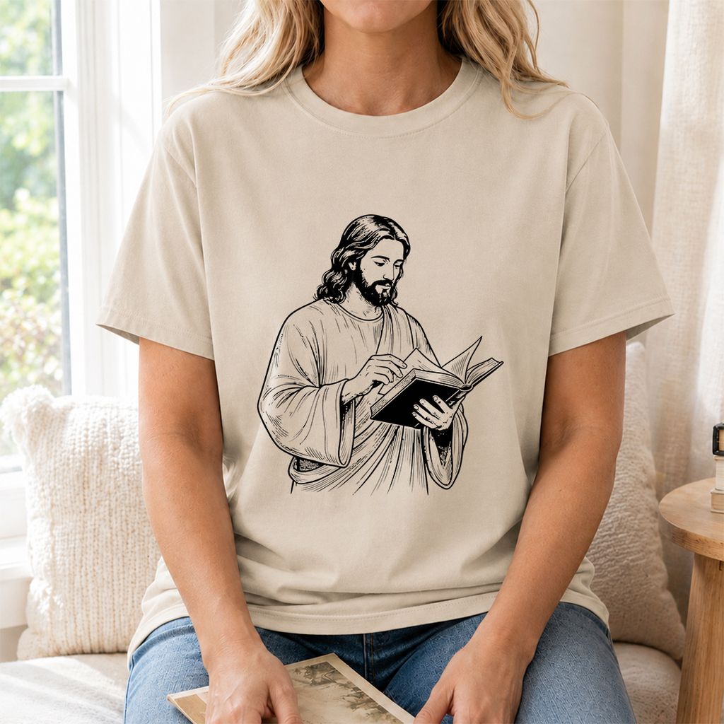 Jesus Holding An Open Book Printed T-Shirt | Spiritual Reader Gift Sand