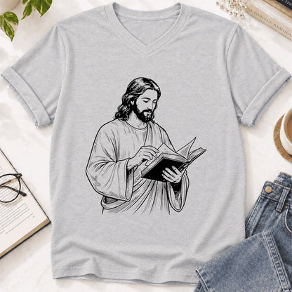 Jesus Holding An Open Book Ultra-Soft V-Neck | Spiritual Reader Gift Ash
