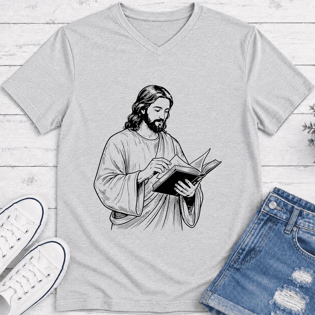 Jesus Holding An Open Book Ultra-Soft V-Neck | Spiritual Reader Gift Ash
