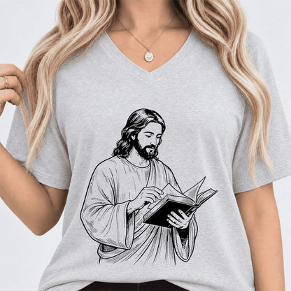 Jesus Holding An Open Book Ultra-Soft V-Neck | Spiritual Reader Gift Ash