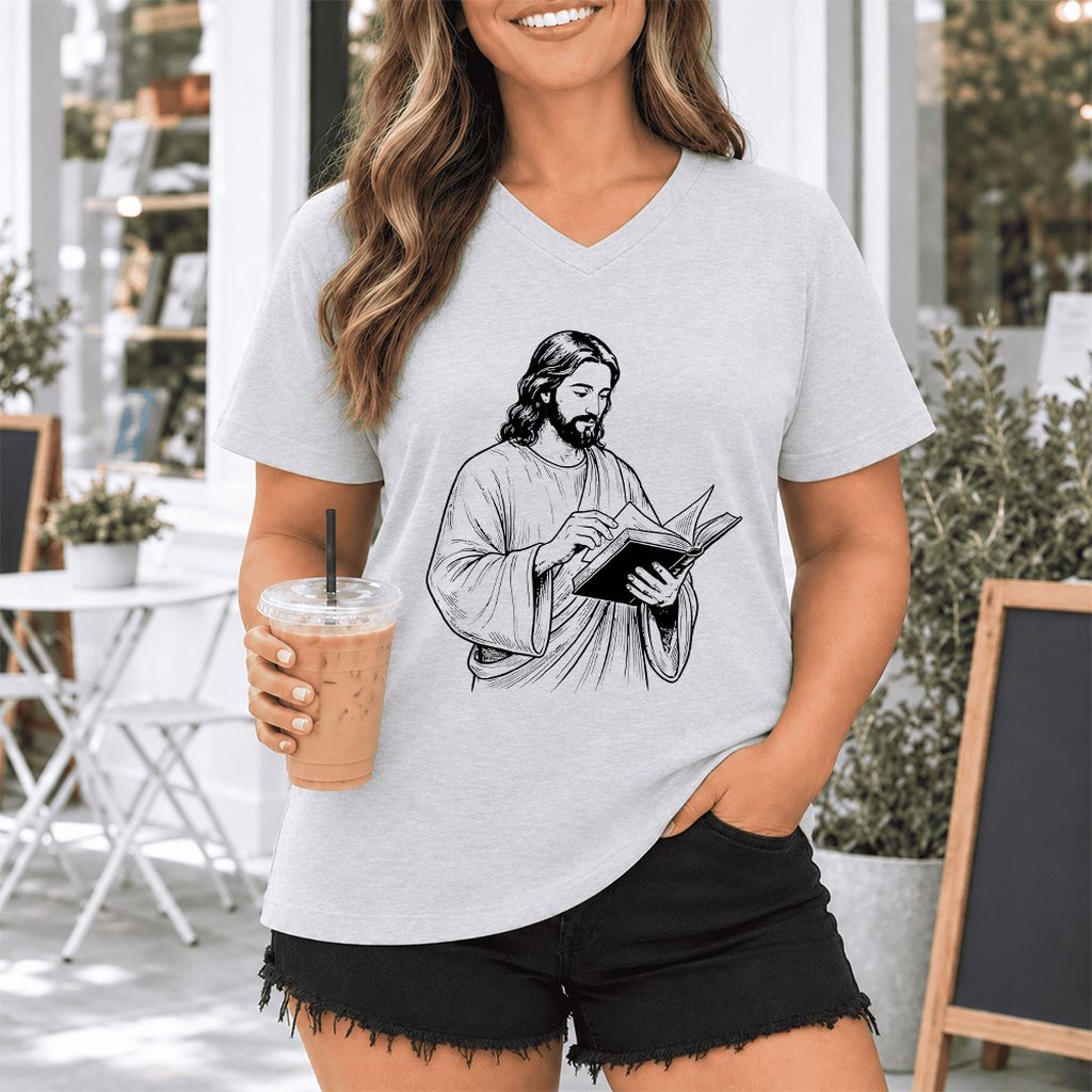 Jesus Holding An Open Book Ultra-Soft V-Neck | Spiritual Reader Gift Ash
