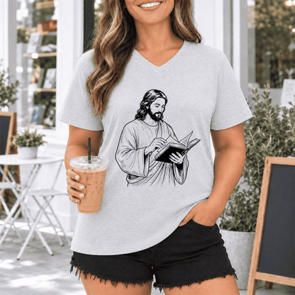 Jesus Holding An Open Book Ultra-Soft V-Neck | Spiritual Reader Gift Ash
