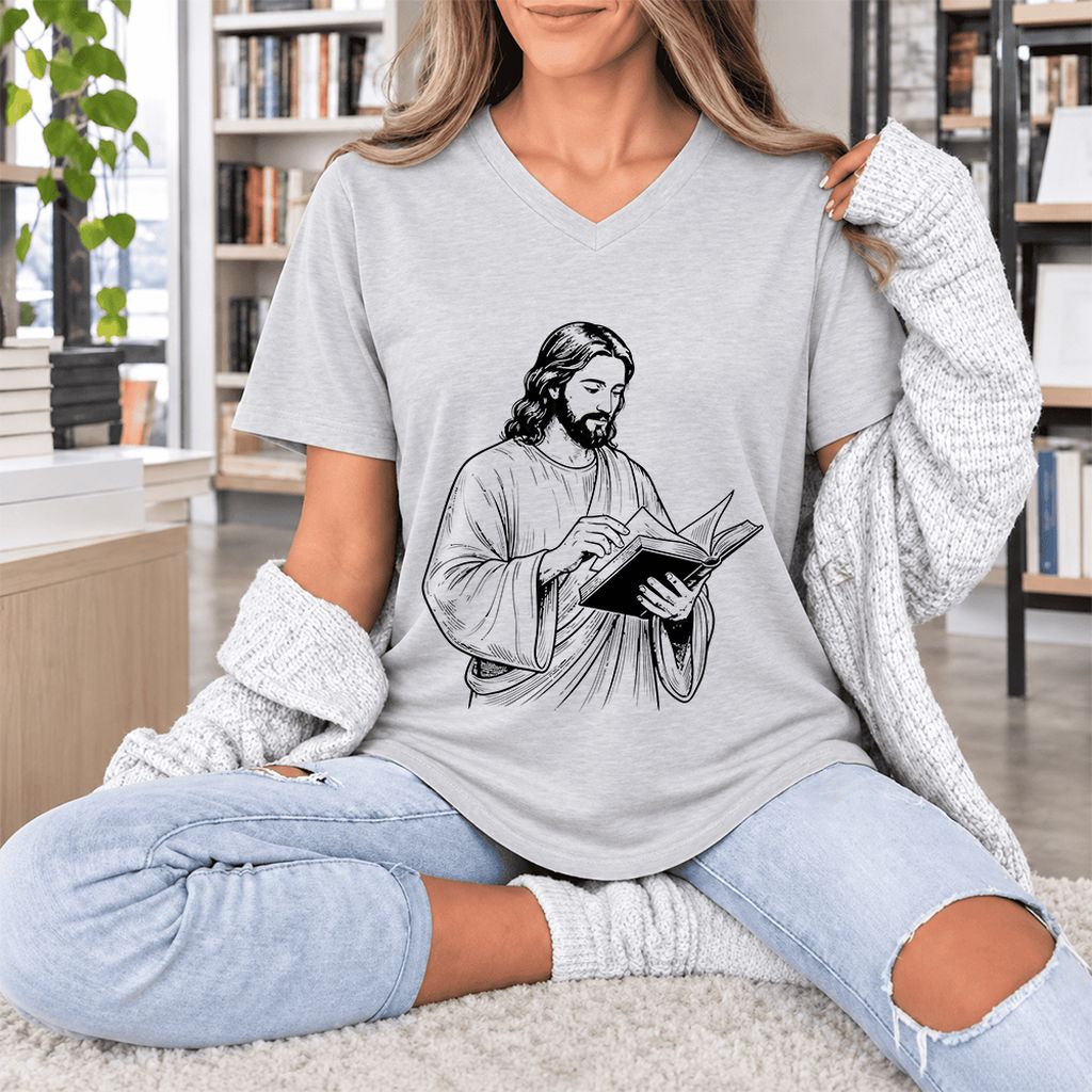 Jesus Holding An Open Book Ultra-Soft V-Neck | Spiritual Reader Gift Ash