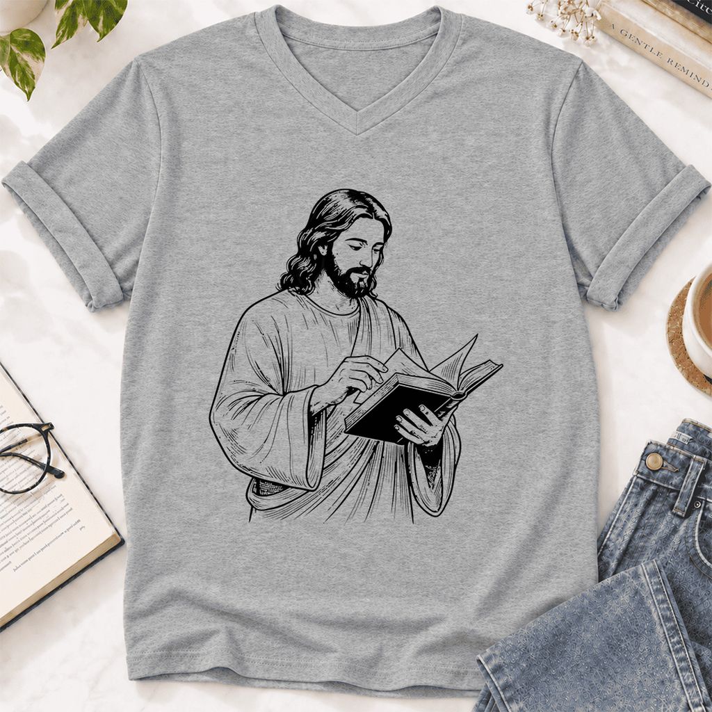 Jesus Holding An Open Book Ultra-Soft V-Neck | Spiritual Reader Gift Athletic Heather