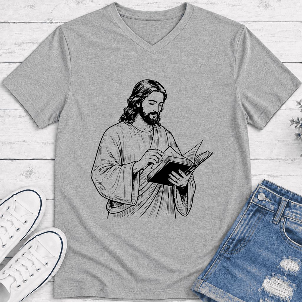 Jesus Holding An Open Book Ultra-Soft V-Neck | Spiritual Reader Gift Athletic Heather