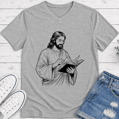 Jesus Holding An Open Book Ultra-Soft V-Neck | Spiritual Reader Gift Athletic Heather