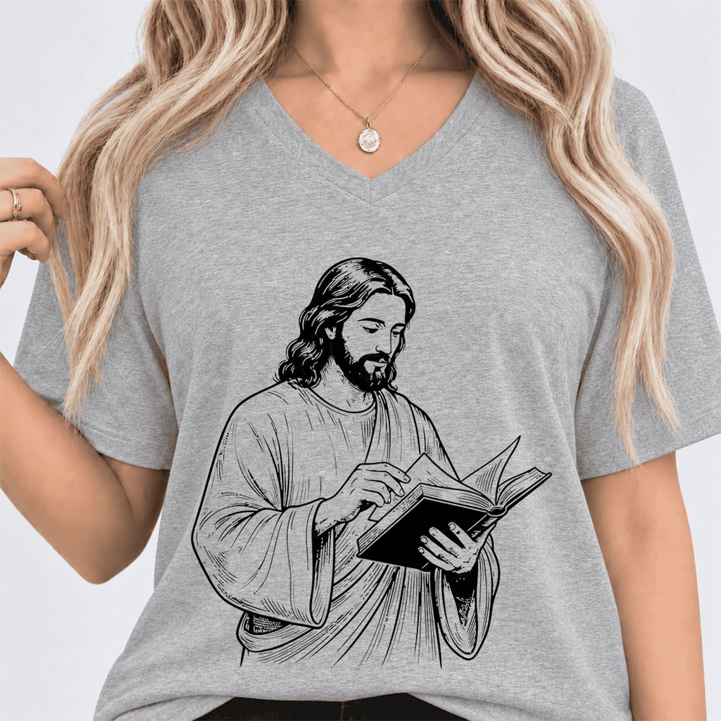 Jesus Holding An Open Book Ultra-Soft V-Neck | Spiritual Reader Gift Athletic Heather