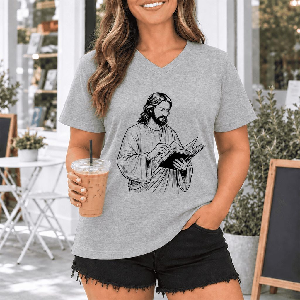 Jesus Holding An Open Book Ultra-Soft V-Neck | Spiritual Reader Gift Athletic Heather