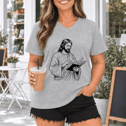 Jesus Holding An Open Book Ultra-Soft V-Neck | Spiritual Reader Gift Athletic Heather
