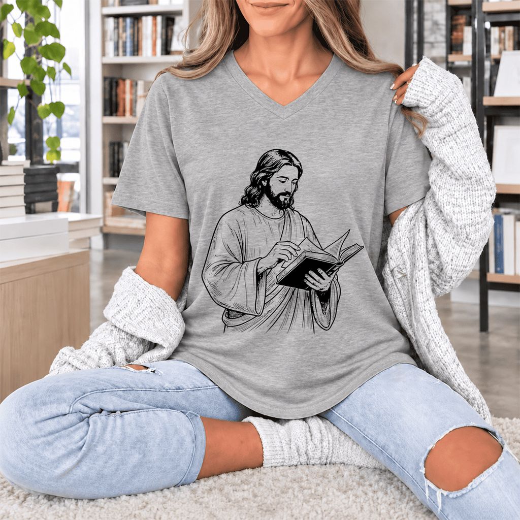 Jesus Holding An Open Book Ultra-Soft V-Neck | Spiritual Reader Gift Athletic Heather