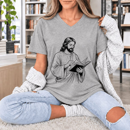 Jesus Holding An Open Book Ultra-Soft V-Neck | Spiritual Reader Gift Athletic Heather
