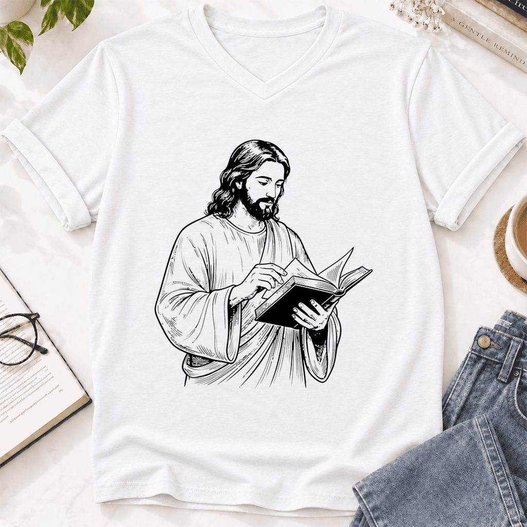Jesus Holding An Open Book Ultra-Soft V-Neck | Spiritual Reader Gift White