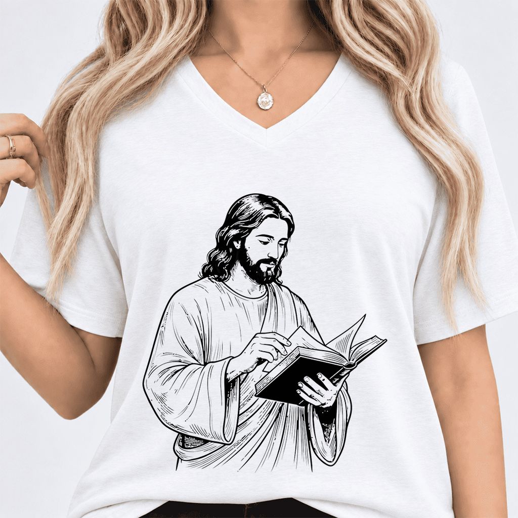 Jesus Holding An Open Book Ultra-Soft V-Neck | Spiritual Reader Gift White