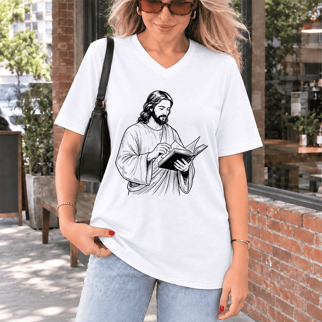 Jesus Holding An Open Book Ultra-Soft V-Neck | Spiritual Reader Gift White