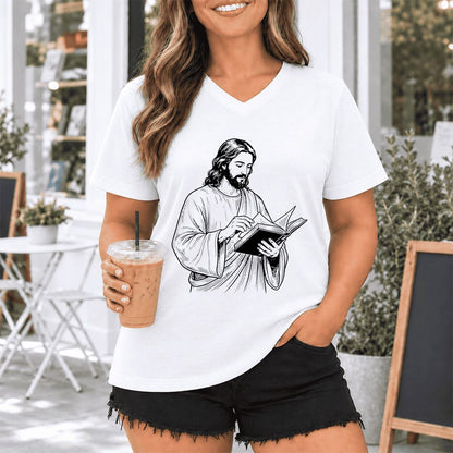 Jesus Holding An Open Book Ultra-Soft V-Neck | Spiritual Reader Gift White