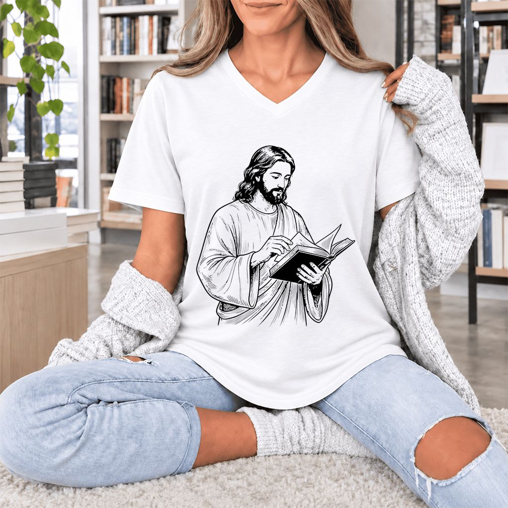 Jesus Holding An Open Book Ultra-Soft V-Neck | Spiritual Reader Gift White